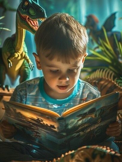 Barn läser en dinosauriebok framför färgstarka dinosauriemodeller